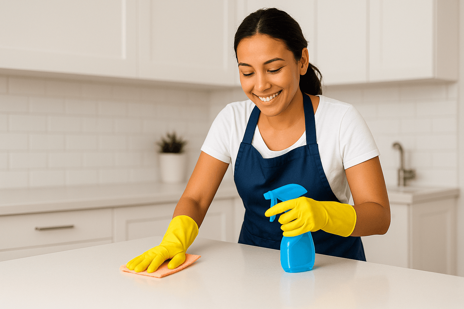Smiling cleaner wiping a white kitchen counter